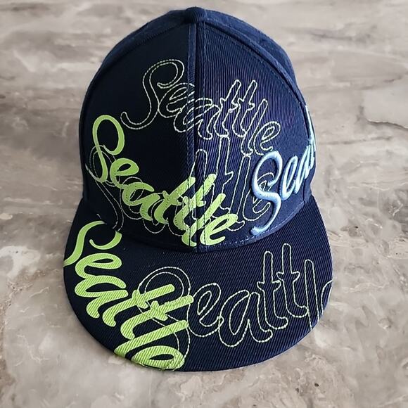 Vintage Seattle Hat Cap Mariners Seahawks Snapback Blue & Green All Over - Picture 1 of 5